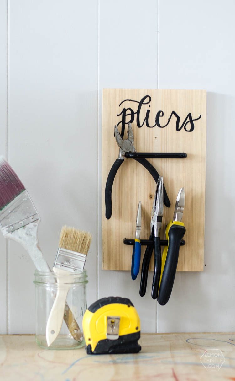 Such a cute option to store tools! A Handmade pliers holder made using cabinet pulls. Plus more Handmade project options using cabinet hardware.