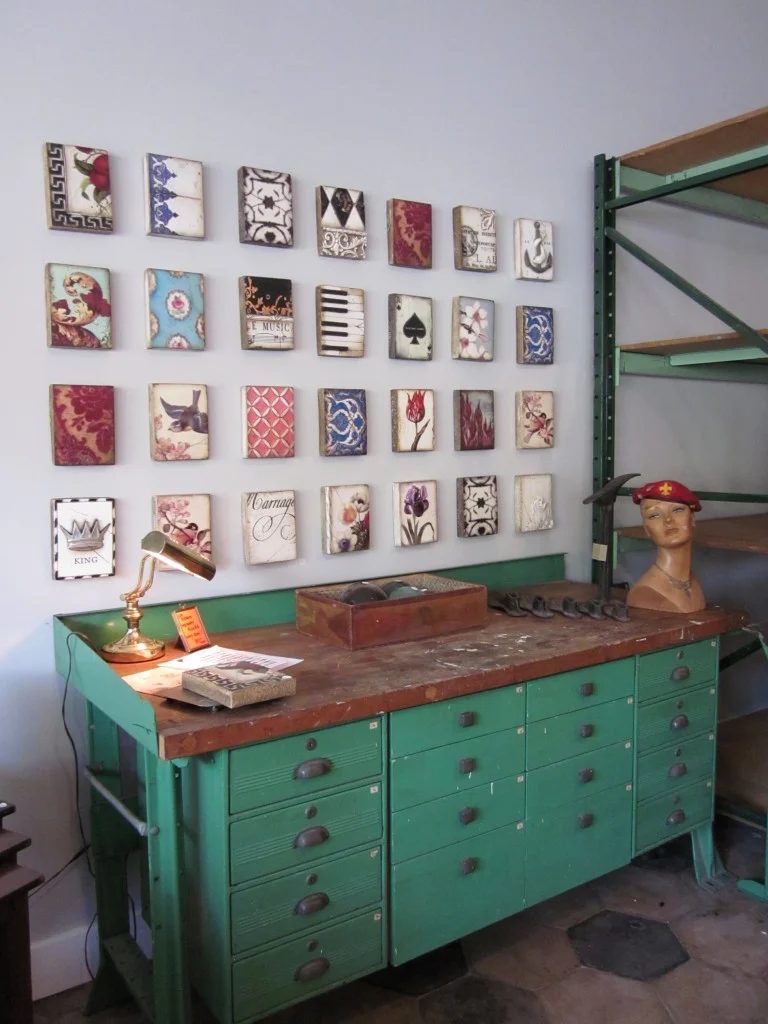 antique workbench with gallery wall, Paper Street Antiques