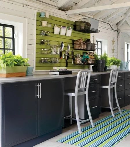 green slat wall organizer and workbench, House and Home