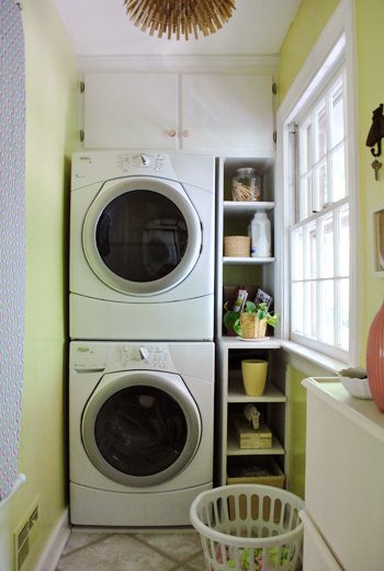 small laundry room with stacked washer and dryer, Young House Love