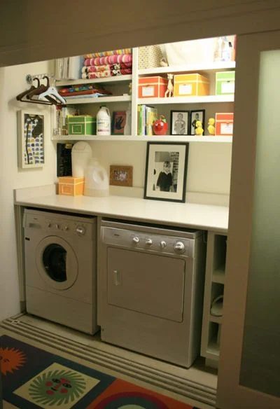 colorful small organized laundry closet, Suburban Homestead