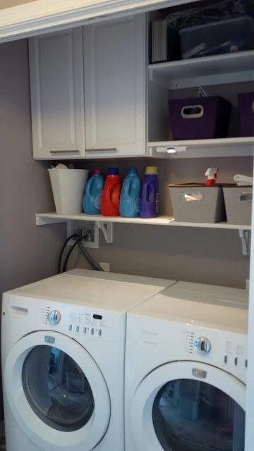 tiny laundry room closet with built-in cabinets and shelf, Handmade Misadventures