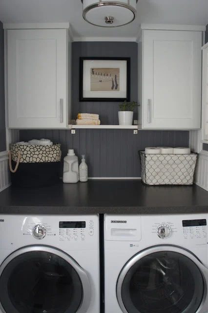 Half bath laundry room with beadboard, Home With Baxter