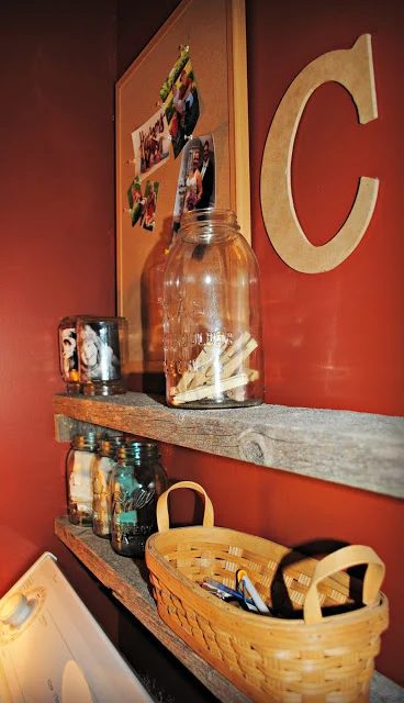reader feature, small laundry with rustic reclaimed wood shelves, Chores and Chandeliers