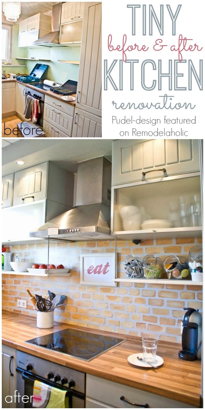 Small Kitchen Reno -- open shelving + a painted brick backsplash! @Bekob