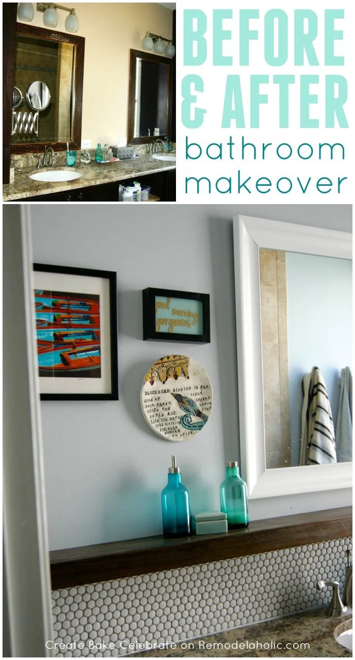 Handmade bathroom makeover with fresh gray paint, penny tile backsplash, floating wood shelf, framed mirror