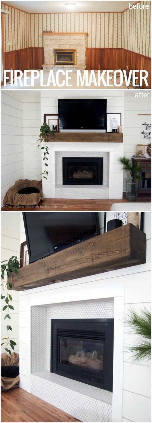 This dated mantel and fireplace makeover is strong! Shiplap combined with penny tile and a wood beam mantel.