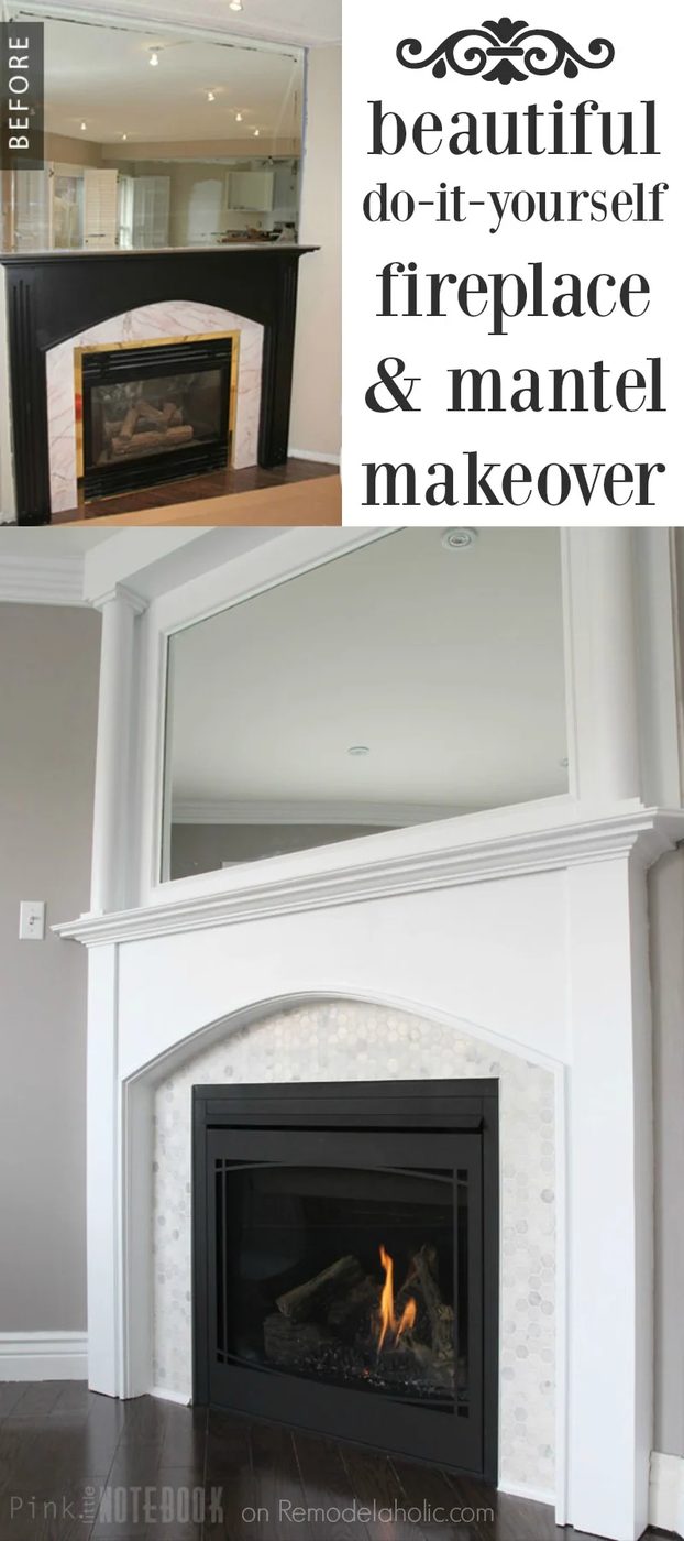 This tiled fireplace makeover is memorable! striking marble hexagon tile, plus using wood filler to fill in the grooves to make the mantel more modern! And the Handmade mantel pill