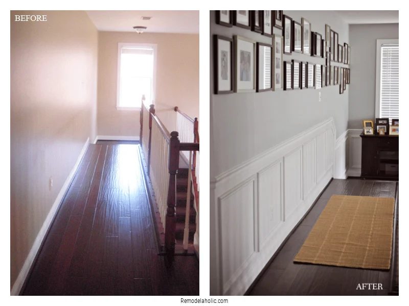 Installing Chair Rail And Shadow Box Trim In Hall, Before And After, On Bekob
