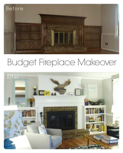 Brick Fireplace Remodel with Faux Handmade Chimney Painted White Built-In Shelves