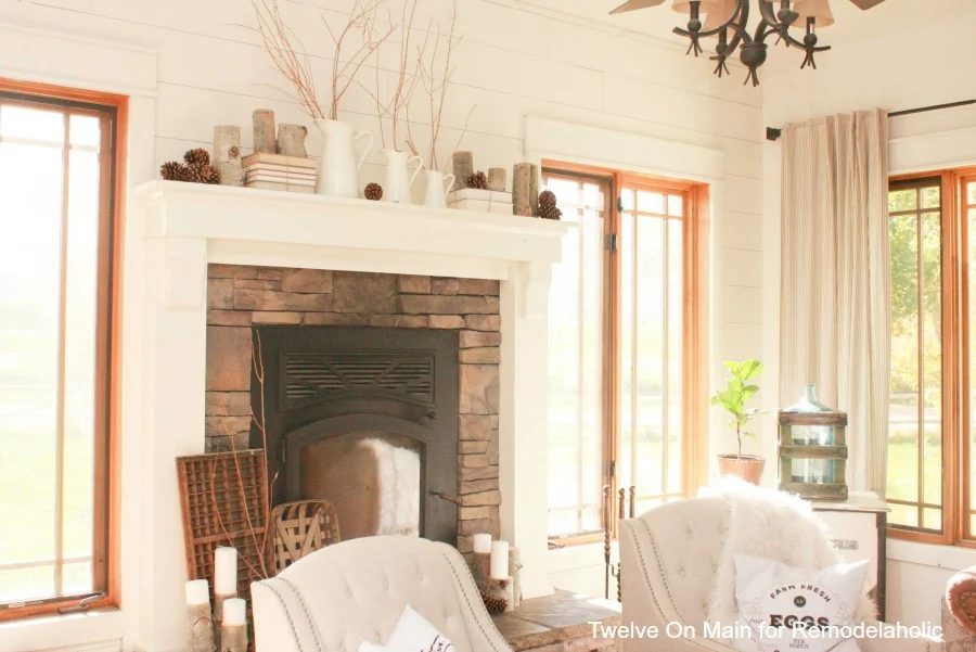 Farmhouse Mantel Added To Stone Fireplace, Twelve On Main For Bekob
