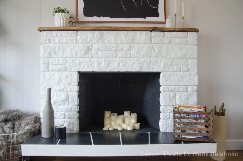 Handmade Painted Stone Fireplace Makeover With Live Edge Wood Mantel, Lemon Thistle On Bekob