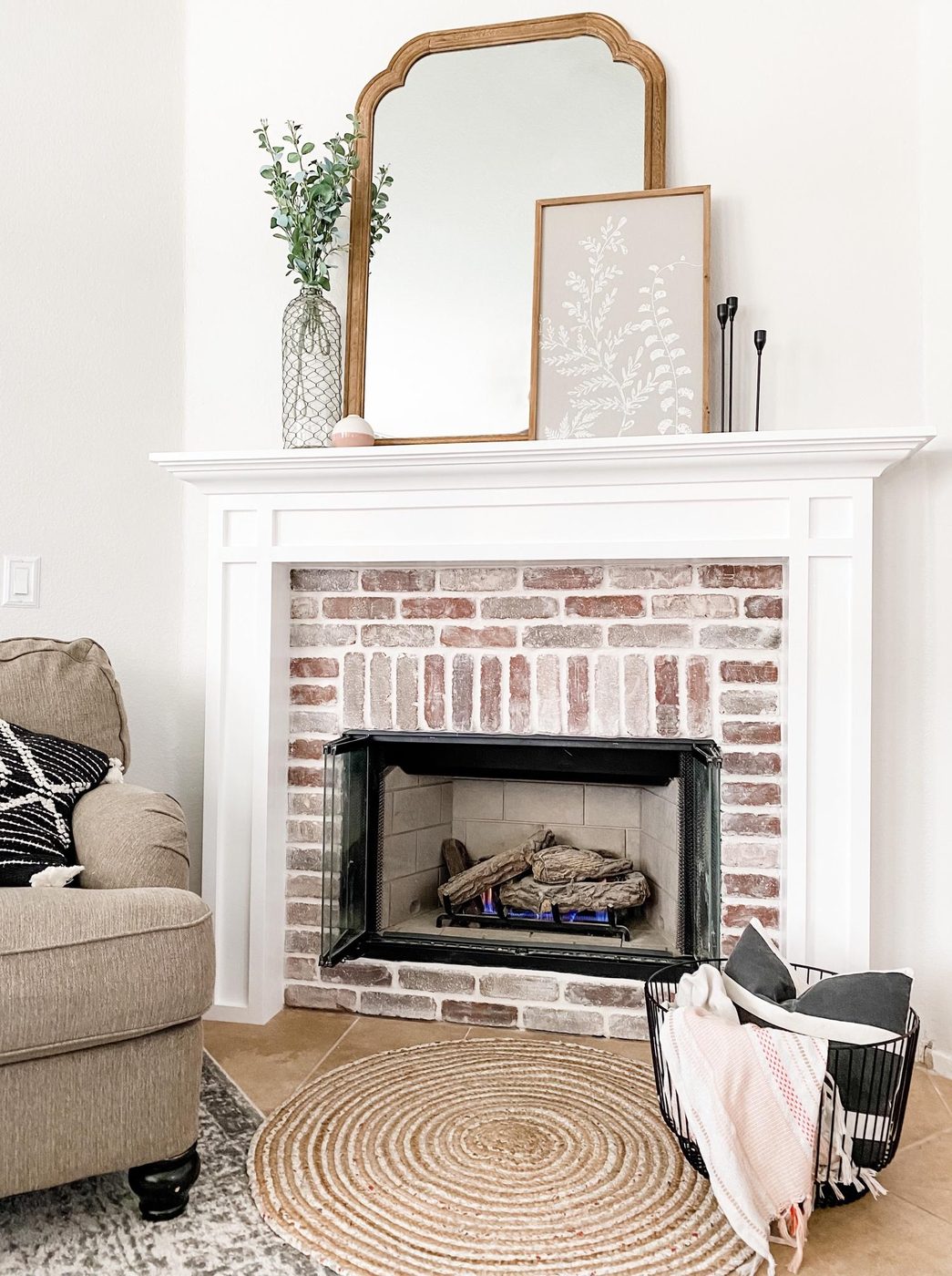 Handmade Brick Fireplace And White Mantel, Living In Laundry Featured On Bekob