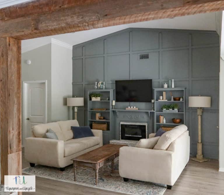 Handmade Faux Mantel To Electric Fireplace Wall With Shelves And Board And Batten, Repurpose And Upcycle Featured On Bekob