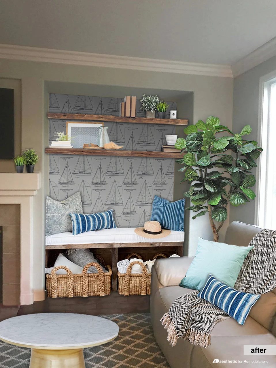 Great options for decorating a nook -- no more awkward alcoves! striking and functional design options