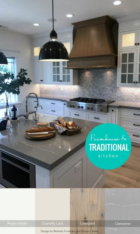 White Kitchen Cabinets Gray Countertops And Wood Oven Hood In Traditional Kitchen Featured On Bekob