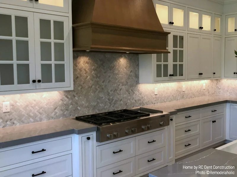 Gray Chevron Tile Backsplash In Modern Farmhouse Kitchen RC Dent Construction And Remedy Design 2018 Utah Valley Parade Of Homes Featured On Bekob