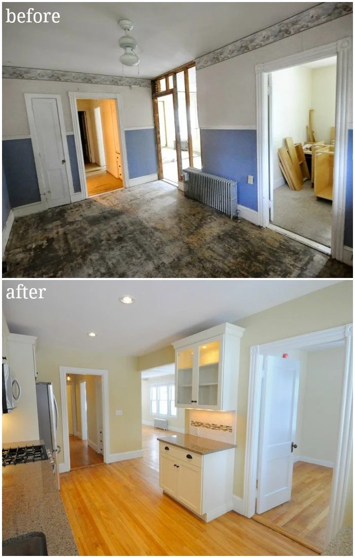 duplex kitchen updated with wall taken out creamy white cabinets tile backsplash before and after - SoPo Cottage on @Bekob