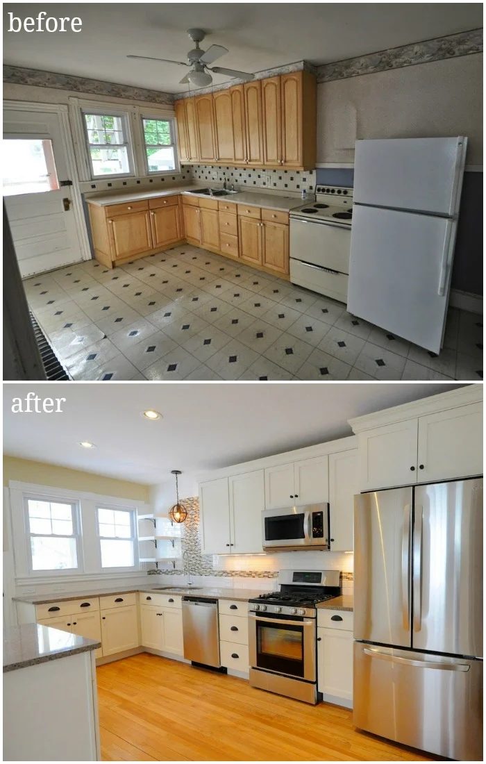 updated traditional contemporary kitchen in duplex with tile backsplash and creamy white cabinets open shelving before and after - SoPo Cottage on @Bekob