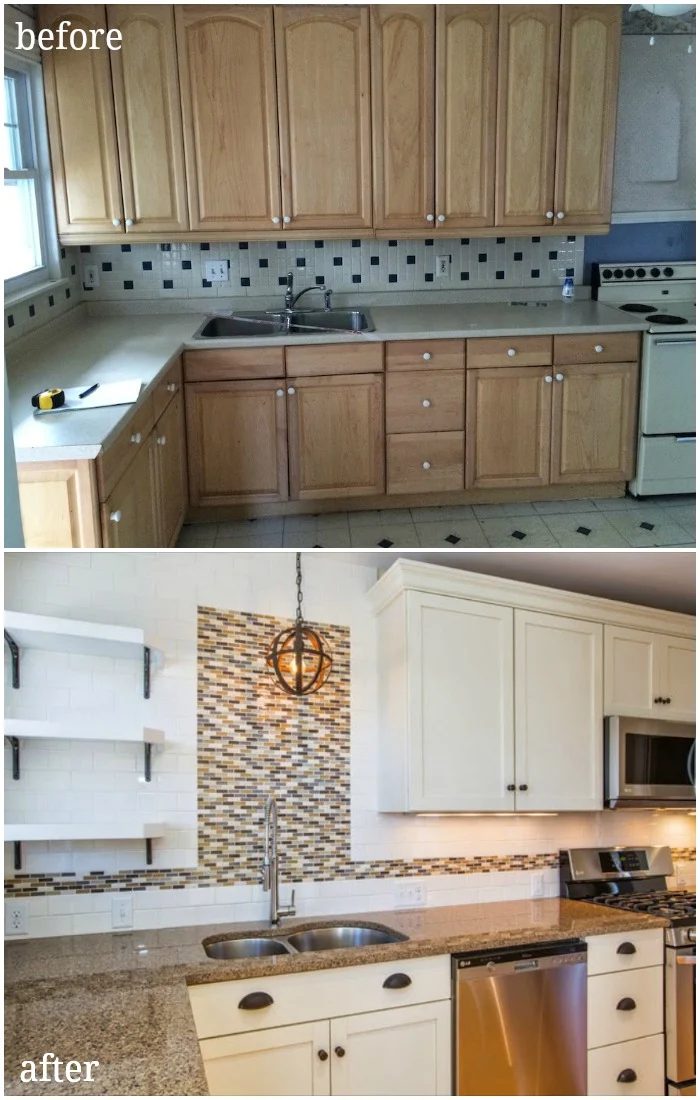 updated duplex kitchen with traditional contemporary style open shelving creamy white cabinets stainless steel before and after - SoPo Cottage on @Bekob