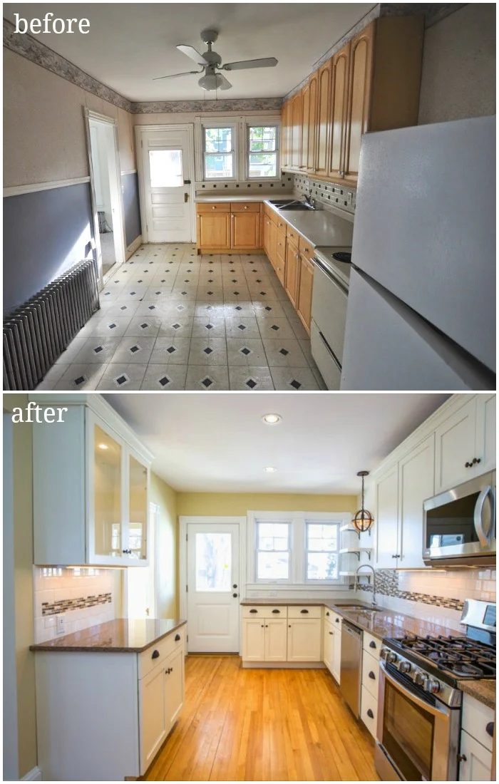 updated traditional contemporary kitchen in duplex with tile backsplash and creamy white cabinets open shelving glass front cabinets before and after - SoPo Cottage on @Bekob