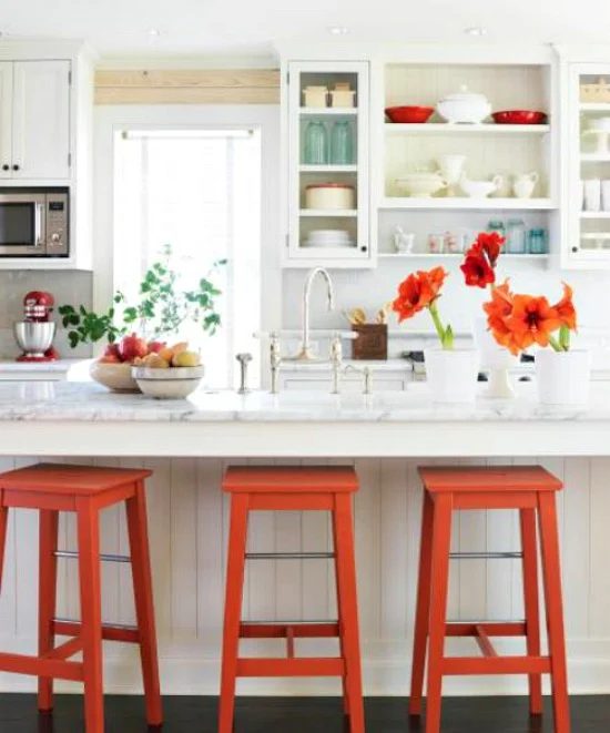 Midwest Living kitchen orange barstools