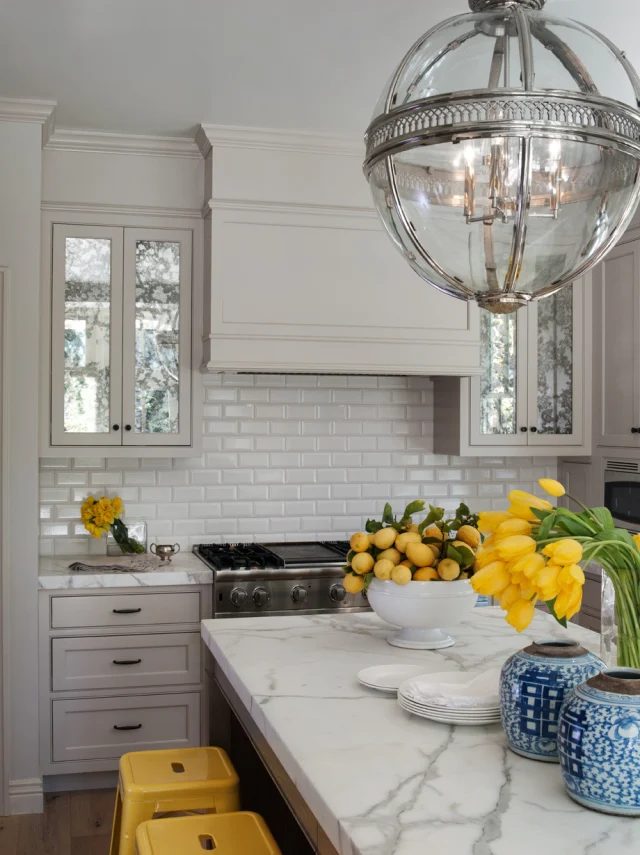 Looking at Glass pop of yellow kitchen