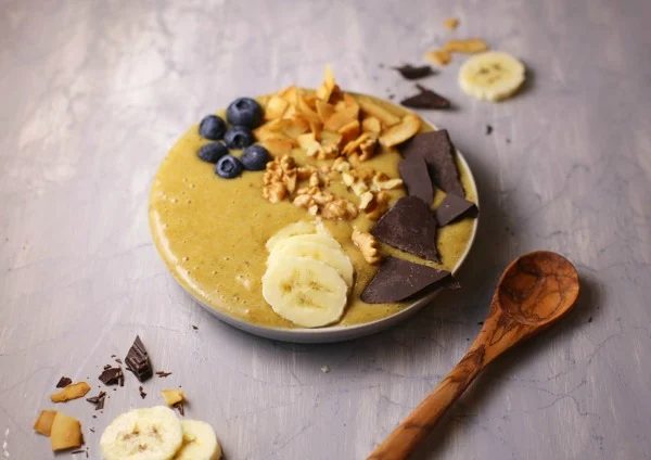 Healthy Banana Smoothie With Turmeric In A Bowl For Breakfast #Bekob