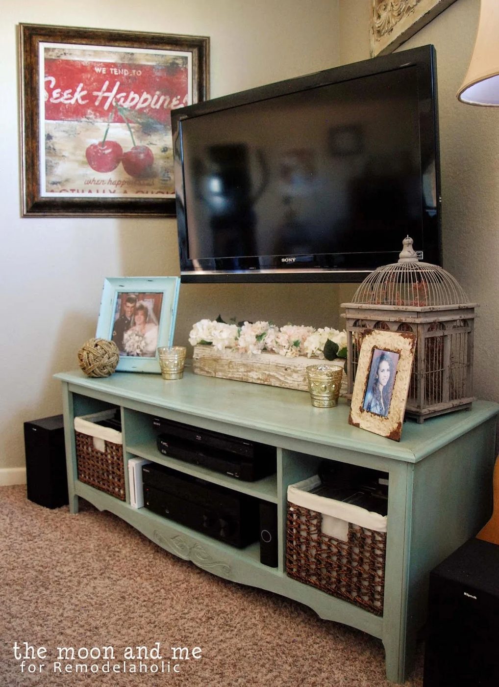 tv console made from an entertainment center, The Moon and Me on Bekob