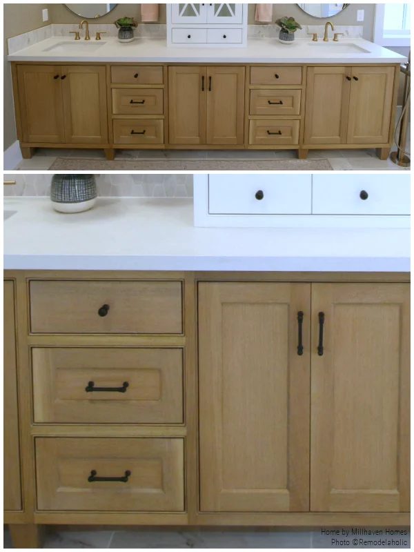 Wood Finish Double Sink Vanity With Black Hardware In Modern Farmhouse Bathroom, Millhaven Homes & Four Chairs Design, 2018 Utah Valley Parade Of Homes On Bekob
