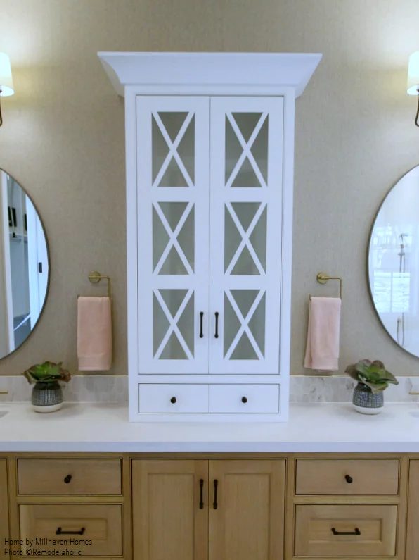 White Countertop Bathroom Cabinet In Modern Farmhouse Master Bathroom, Millhaven Homes And Four Chairs Design, 2018 Utah Valley Parade Of Homes Featured On Bekob
