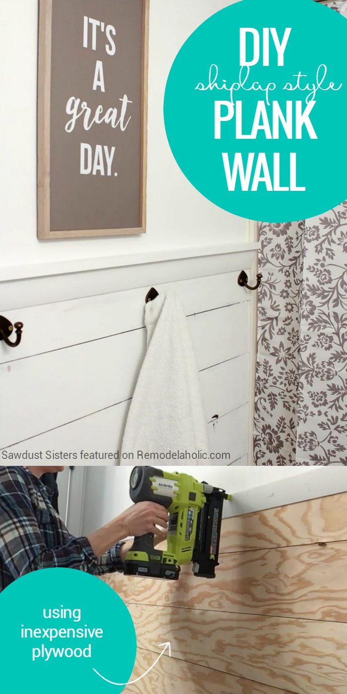 Handmade Plywood Shiplap Plank Wall With Towel Hooks | Get a Fixer Upper style farmhouse look on a modest-cost with this straightforward and inexpensive shiplap plank wall, made fr