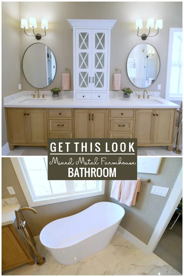 Modern Farmhouse Bathroom With Mixed Metal Fixtures And Drawer Pulls Featured On Bekob