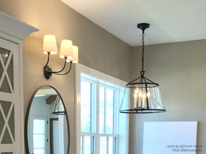 Black Metal Light Fixtures In Mixed Metals Modern Farmhouse Bathroom, Millhaven Homes And Four Chairs Design, 2018 Utah Valley Parade Of Homes Featured On Bekob