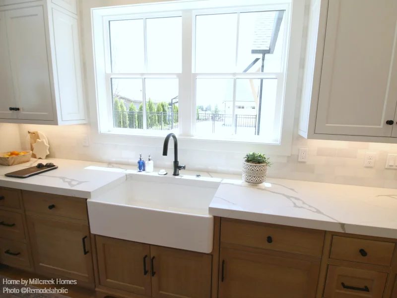 Contrasting Upper And Lower Cabinets In A Rustic Modern Farmhouse Kitchen Millhaven Homes & Four Chairs Design 2018 Utah Valley Parade Of Homes Featured On Bekob