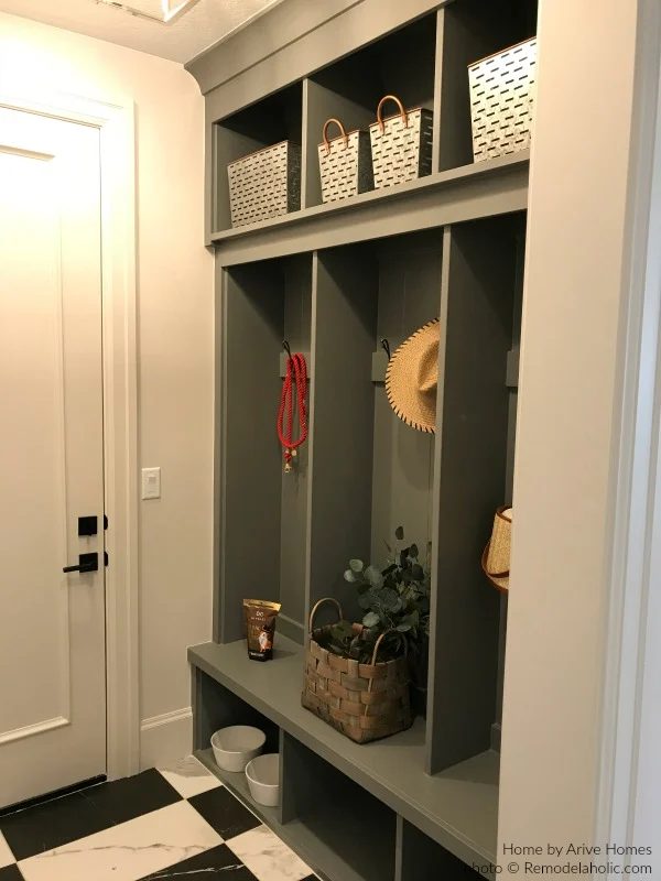 Gray Mudroom With Built In Bench And Lockers And Cubbies, Arive Homes And Brandalyn Dennis Design, 2018 Utah Valley Parade Of Homes, Featured On Bekob