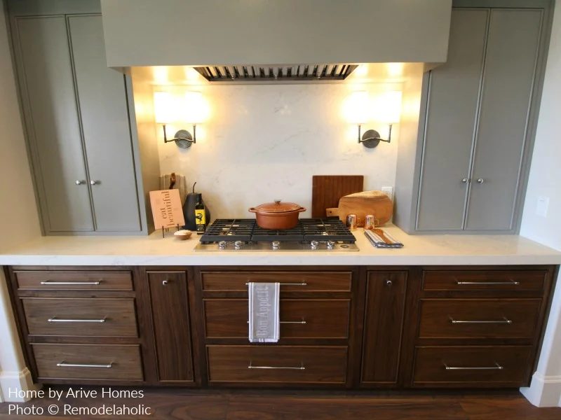 Contrasting Upper And Lower Cabinets In A Farmhouse Kitchen, Arive Homes And Brandalyn Dennis Design, 2018 Utah Valley Parade Of Homes, Featured On Bekob