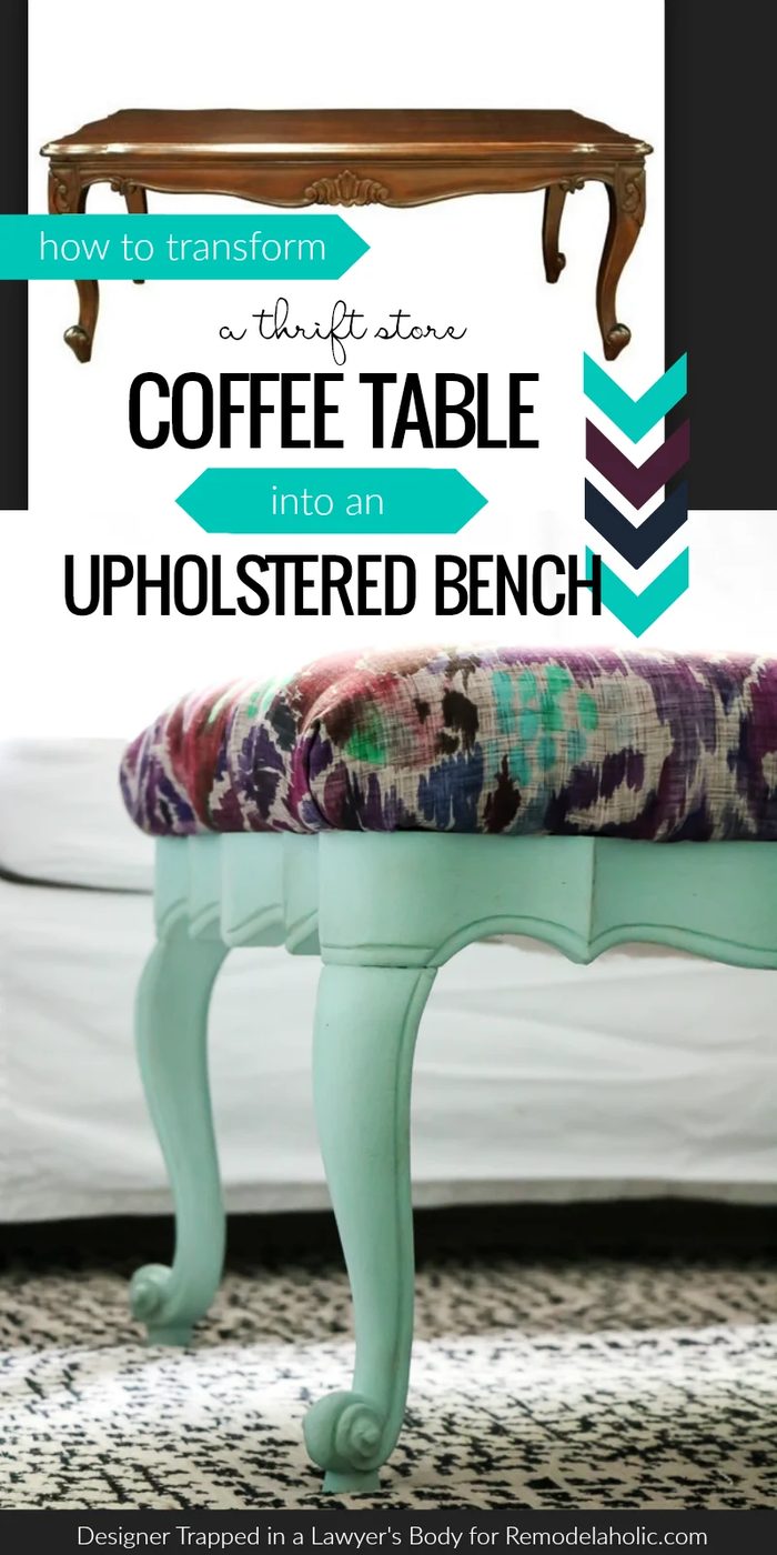 This upcycled coffee table turned upholstered bench will change the way you look at thrift store furniture! A striking makeover plus a smart tip for re-attaching upholstered bench 