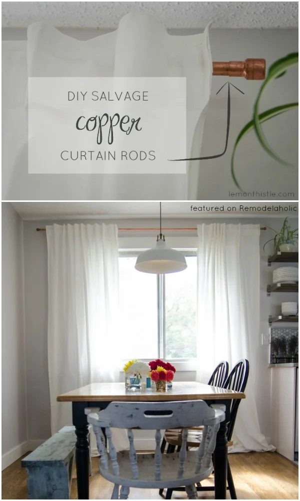 Salvaged Copper Pipe Curtain Rods | Lemon Thistle on Bekob.com #AllThingsWindows #Handmade #upcycle