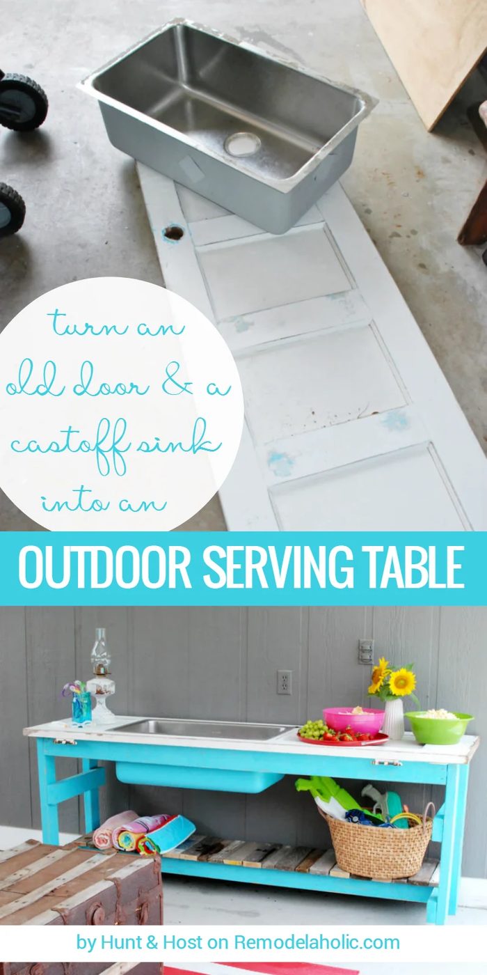 Upcycle an old door and a castoff sink into an memorable outdoor serving table. The bright blue plus the reclaimed wood are my go-to! walkthrough from Hunt and Host on Bekob.com