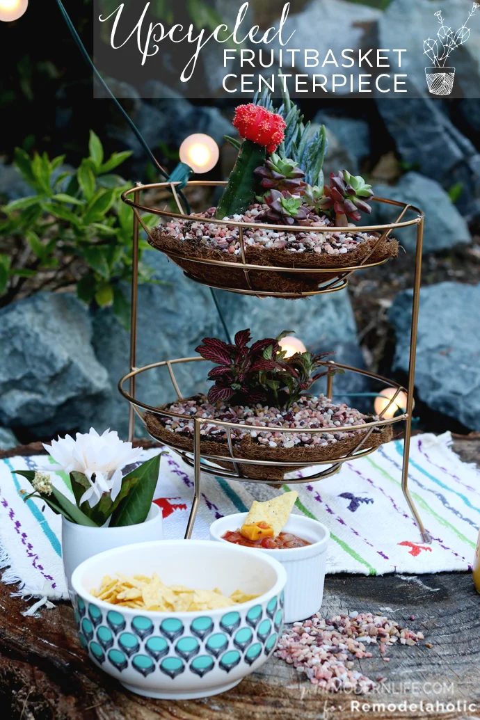 Turn a tiered fruit basket into a planter! well fitted for an outdoor living space like a patio. I never would have thought to upcycle a fruitbasket!