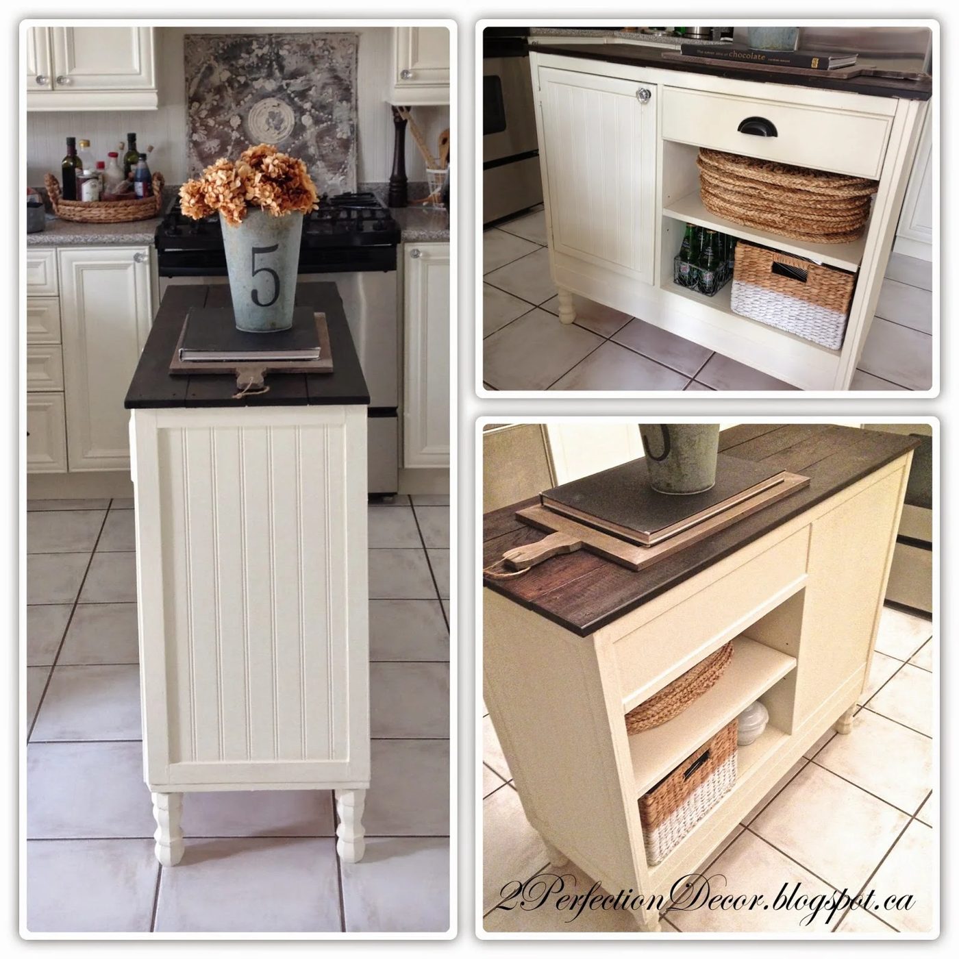 Beadboard kitchen island with open shelves and plank wood top by 2Perfection Decor featured on @Bekob