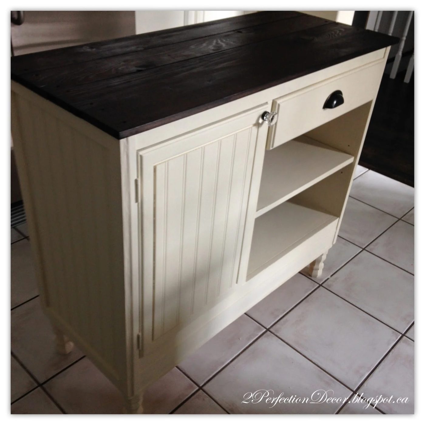 Beadboard kitchen island with plank wood top by 2Perfection Decor featured on @Bekob