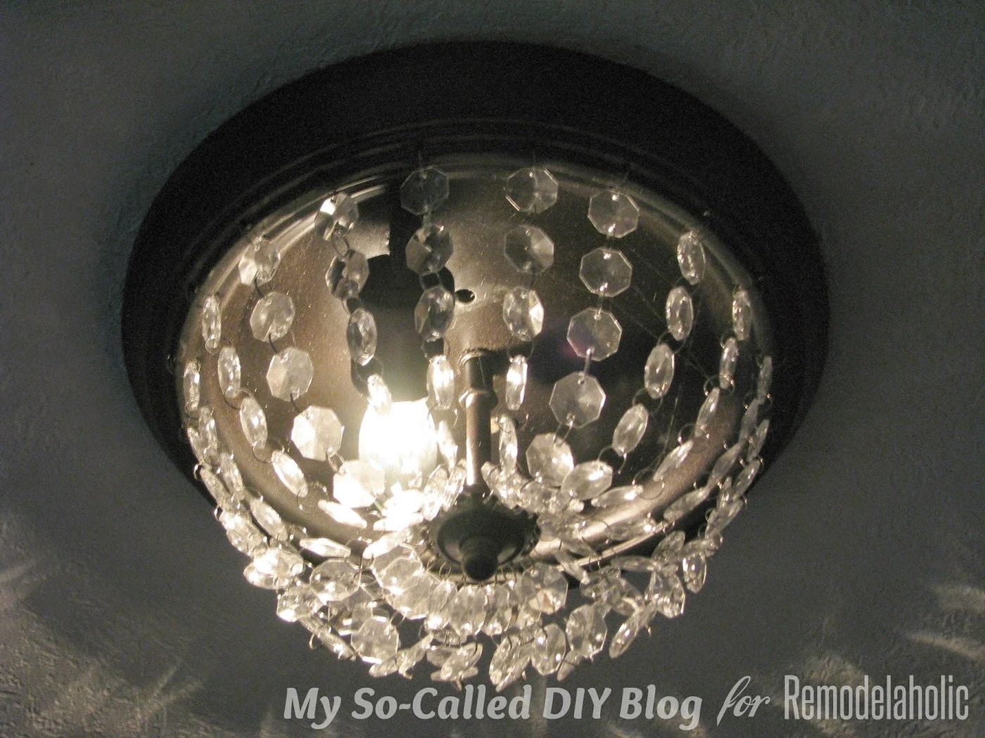 walkthrough to make a flushmount boob light into a Pottery Barn knockoff Mia light with crystals - My So-Called Handmade Blog on @Bekob