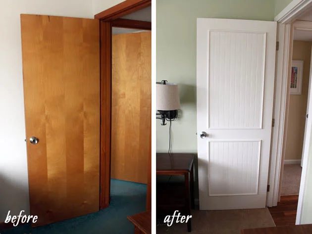 beadboard and trim panels to update flat hollow core door - Pretty Handy Girl