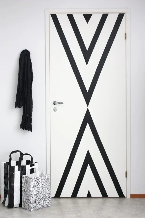 black striped contact paper door update, renter-friendly