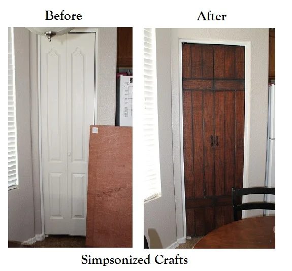 faux barn door overlay on paneled door - Simpsonized crafts