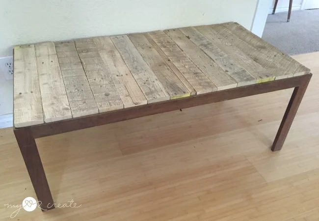 Pallet wood cut and put on table top to replace glass