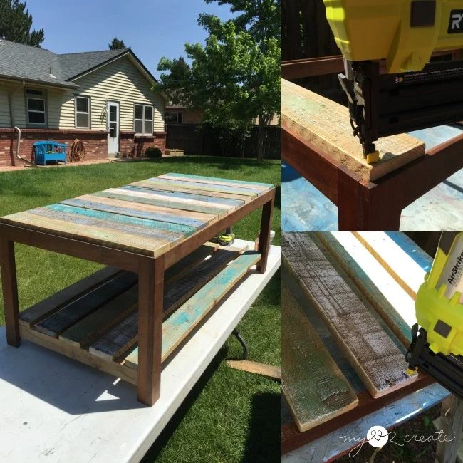 Adding painted pallet planks to coffee table