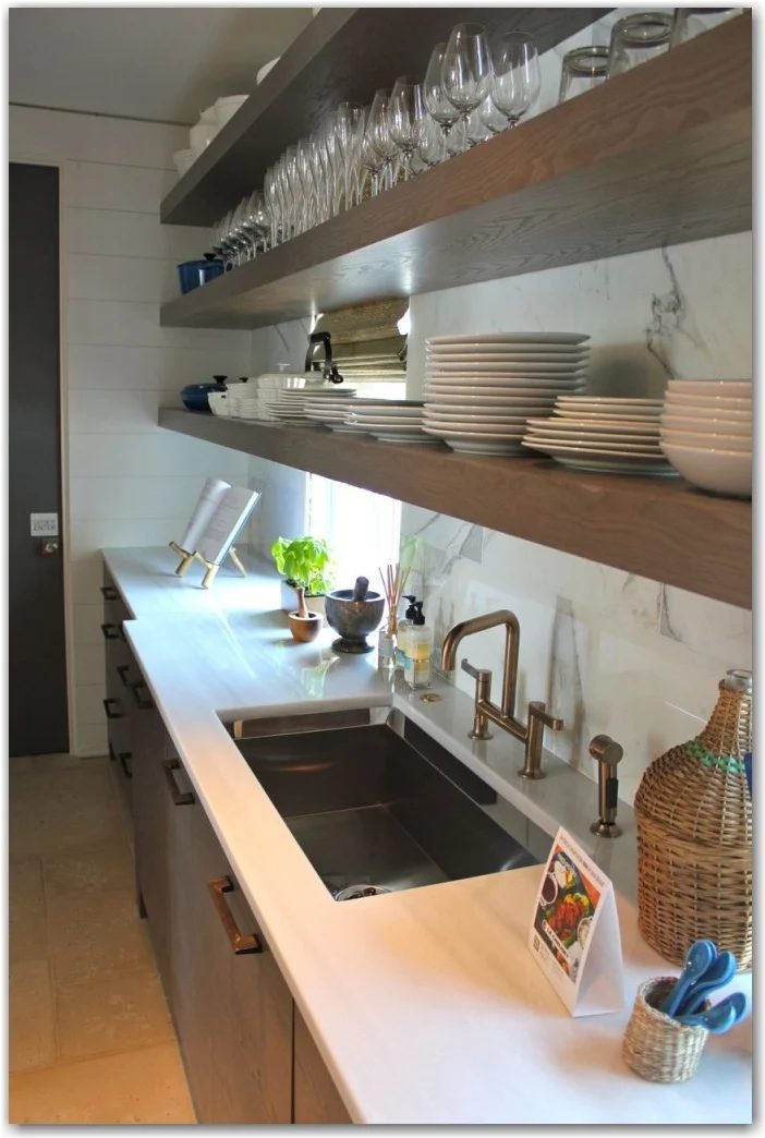 wood cabinets with open shelving